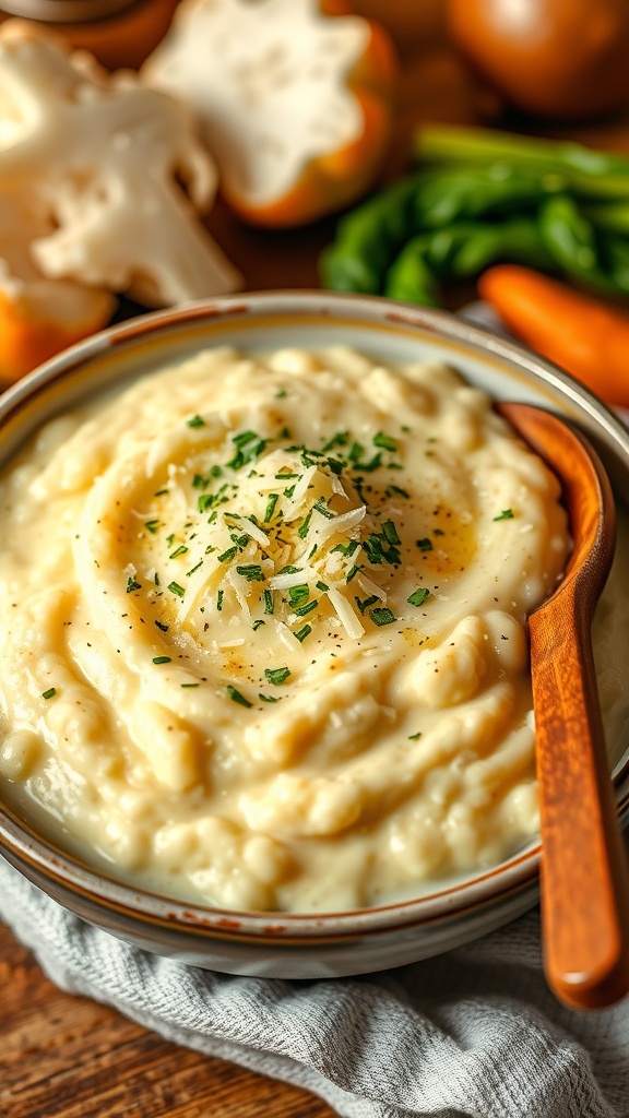 A bowl of creamy cauliflower grits topped with Parmesan cheese and herbs, in a rustic kitchen setting.